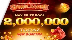 Изображение, рекламирующее турнир Spinoleague Topaz Season в Banda с призовым фондом в 2 миллиона евро на фоне огненной сцены.